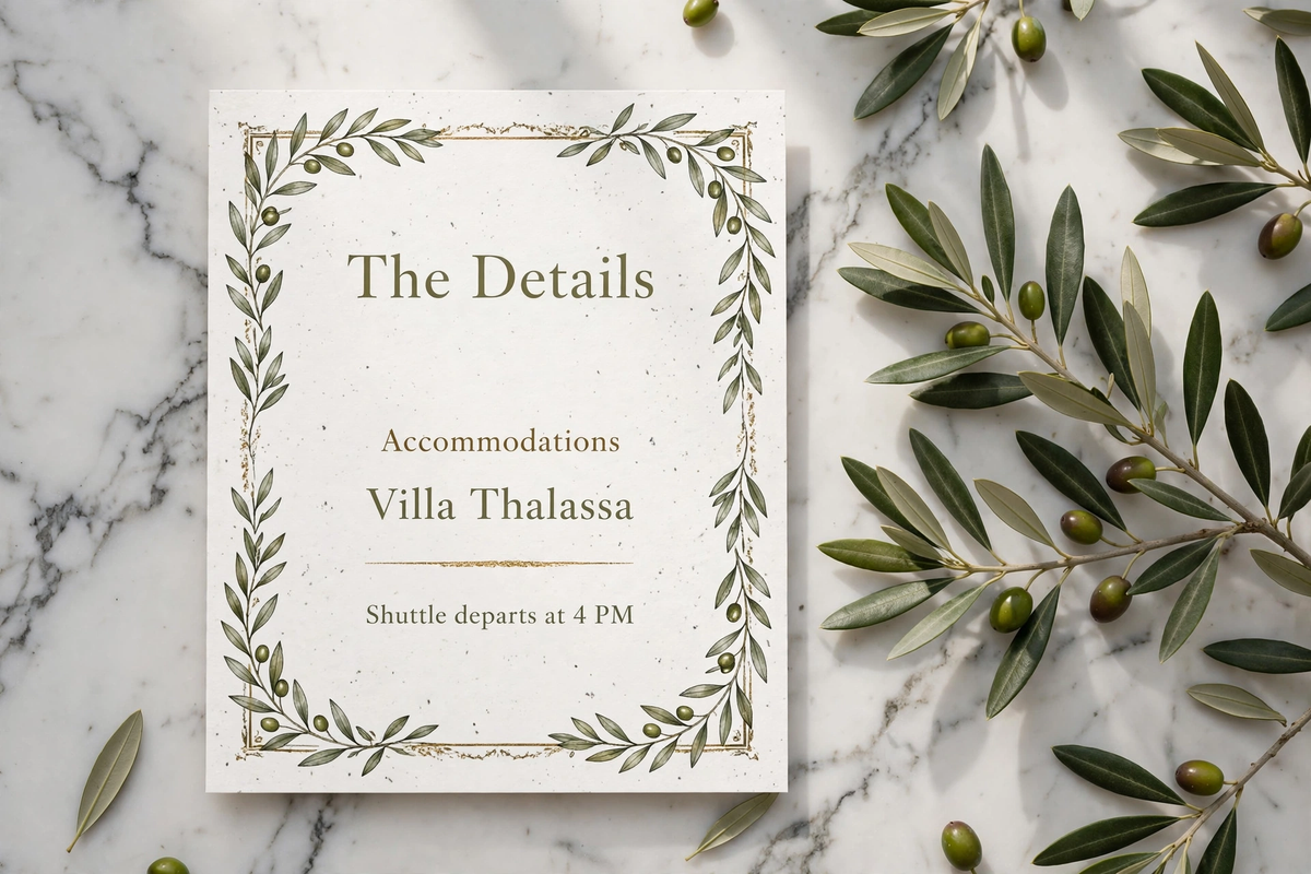 Grecian Olive wedding details — printable suite by Fête Paper Co.