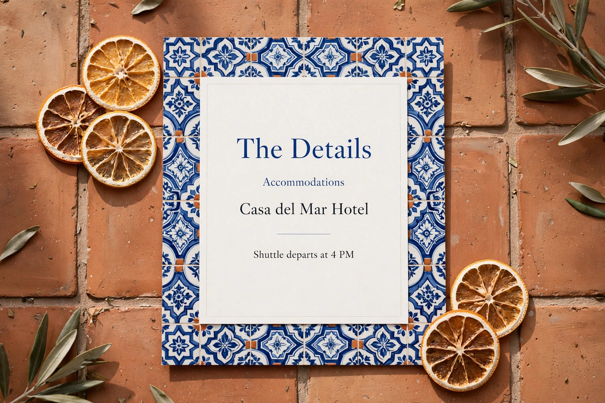 Mediterranean Tile wedding details — printable suite by Fête Paper Co.
