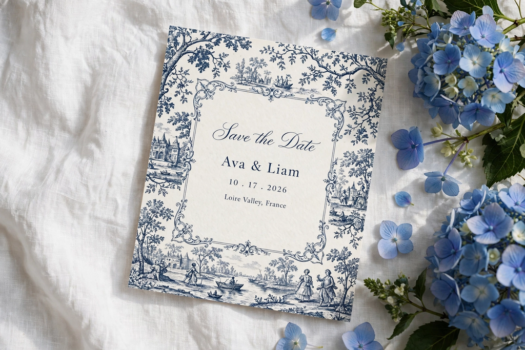 Toile de Jouy wedding save the date — printable suite by Fête Paper Co.